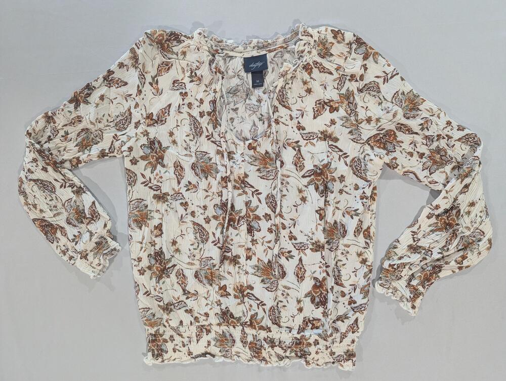Daytrip Blouse Womens M White Floral Long Sleeve Smocked Ruffle Peasant Top